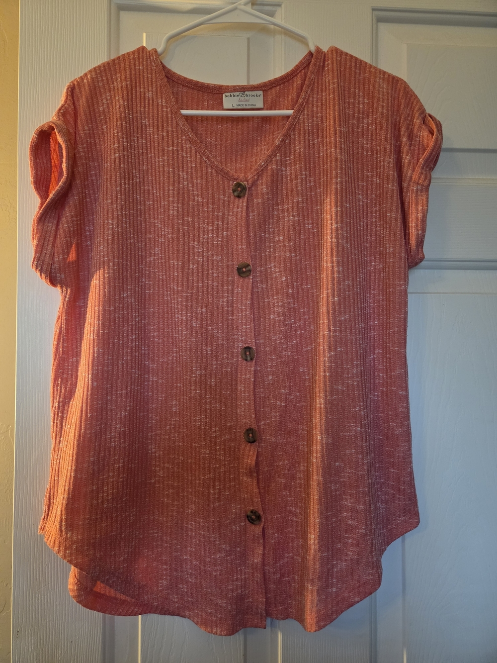 Bobbie Brooks Coral Button-Front Short Sleeve Knit Top